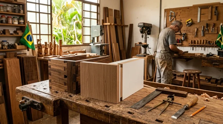 Encaixe perfeito em Madeira e MDF — oficina artesanal com peças e ferramentas