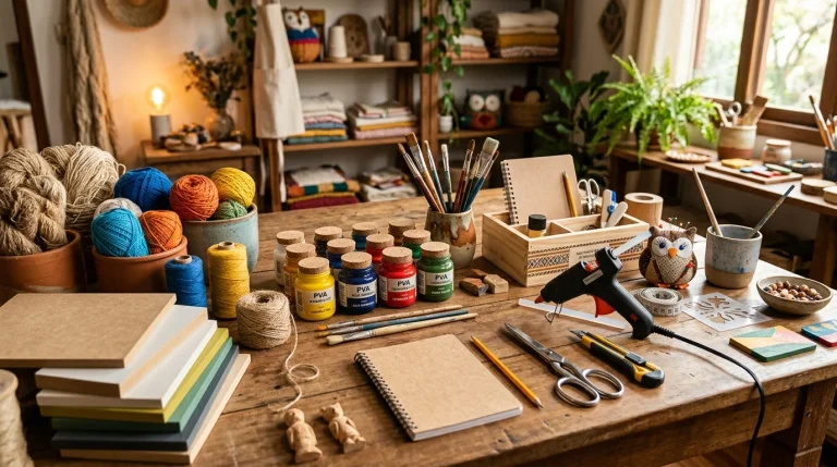 Ferramentas e materiais de artesanato organizados em bancada