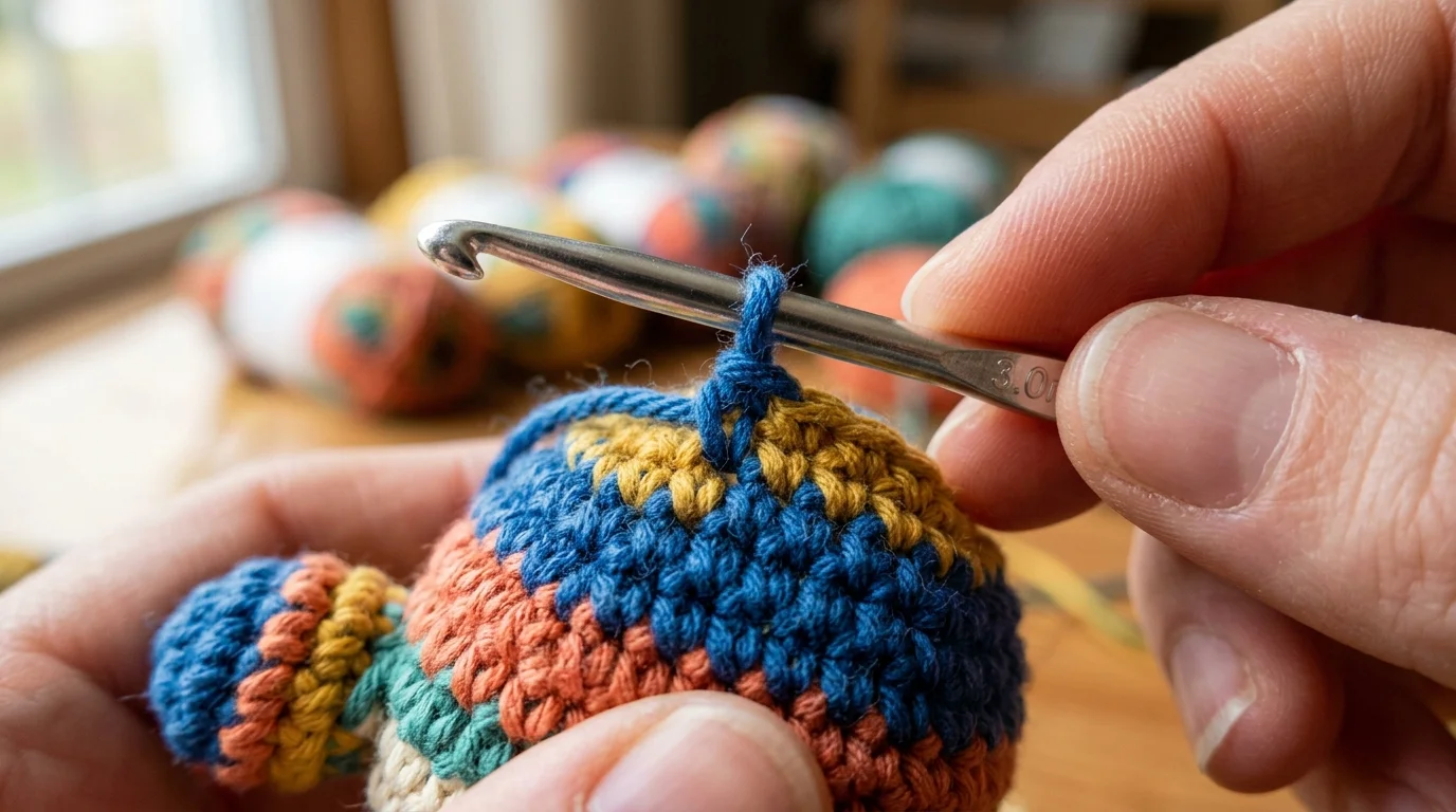 Close de agulha de crochê trabalhando pontos em amigurumi