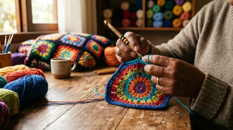 Artesã crocheteando com fios coloridos em tarde aconchegante