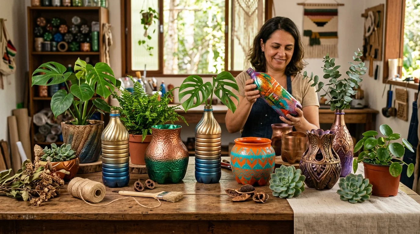 Peças artesanais nobres feitas de garrafas PET recicladas com pintura colorida