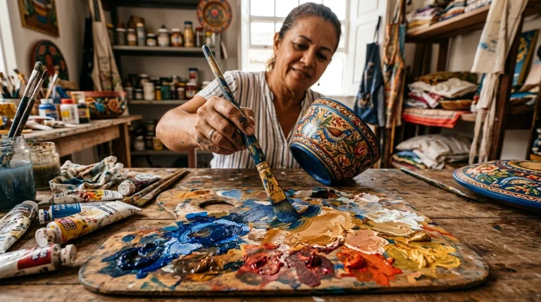 Paleta de tintas com mistura de cores para pintura manual artesanal