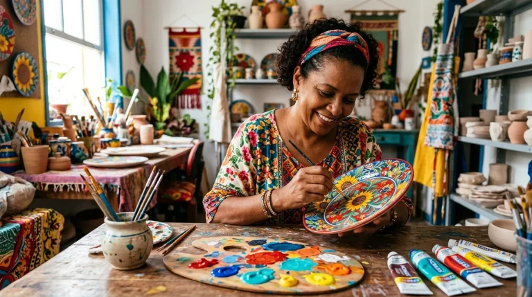 Artesã brasileira fazendo pintura manual em peça de cerâmica no ateliê