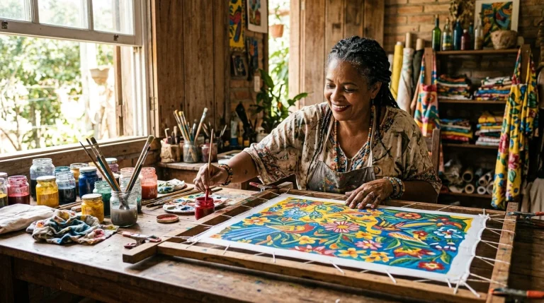 Artesã pintando tecido com tinta à mão