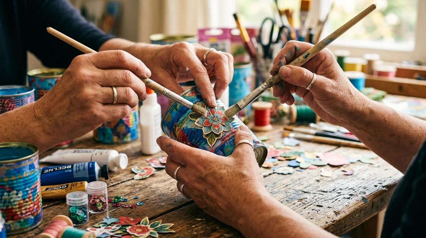 Mãos decorando lata reciclada com pintura artesanal