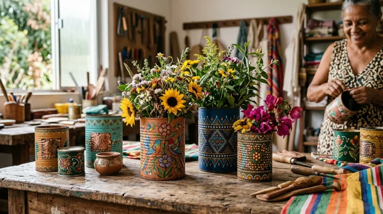 Latas velhas recicladas em peças artesanais decorativas