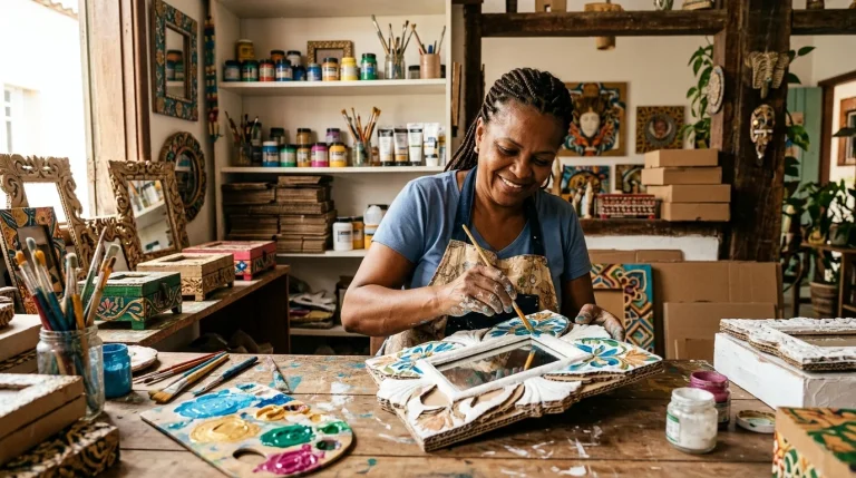 Artesã criando objetos decorativos com papelão reciclado em ateliê sustentável