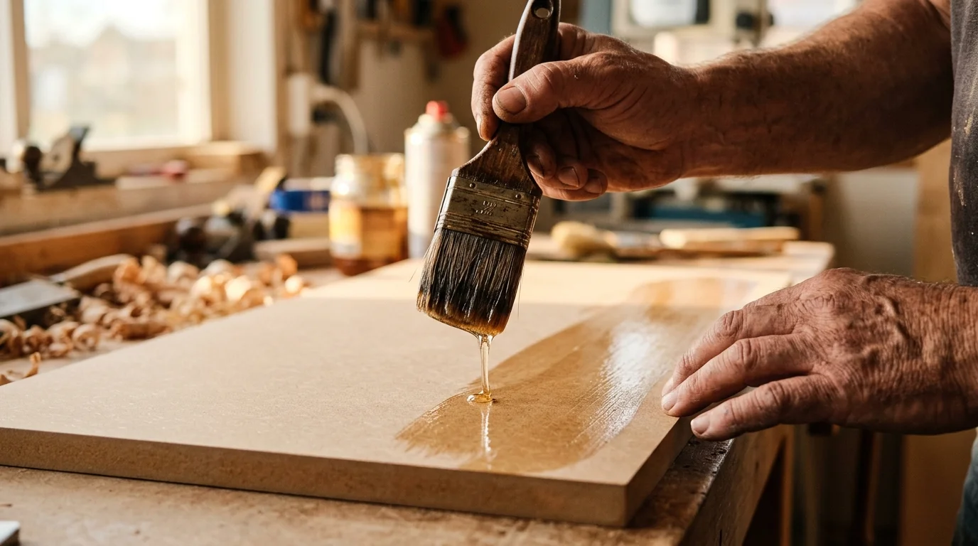 Mãos aplicando verniz em Madeira e MDF com pincel macio