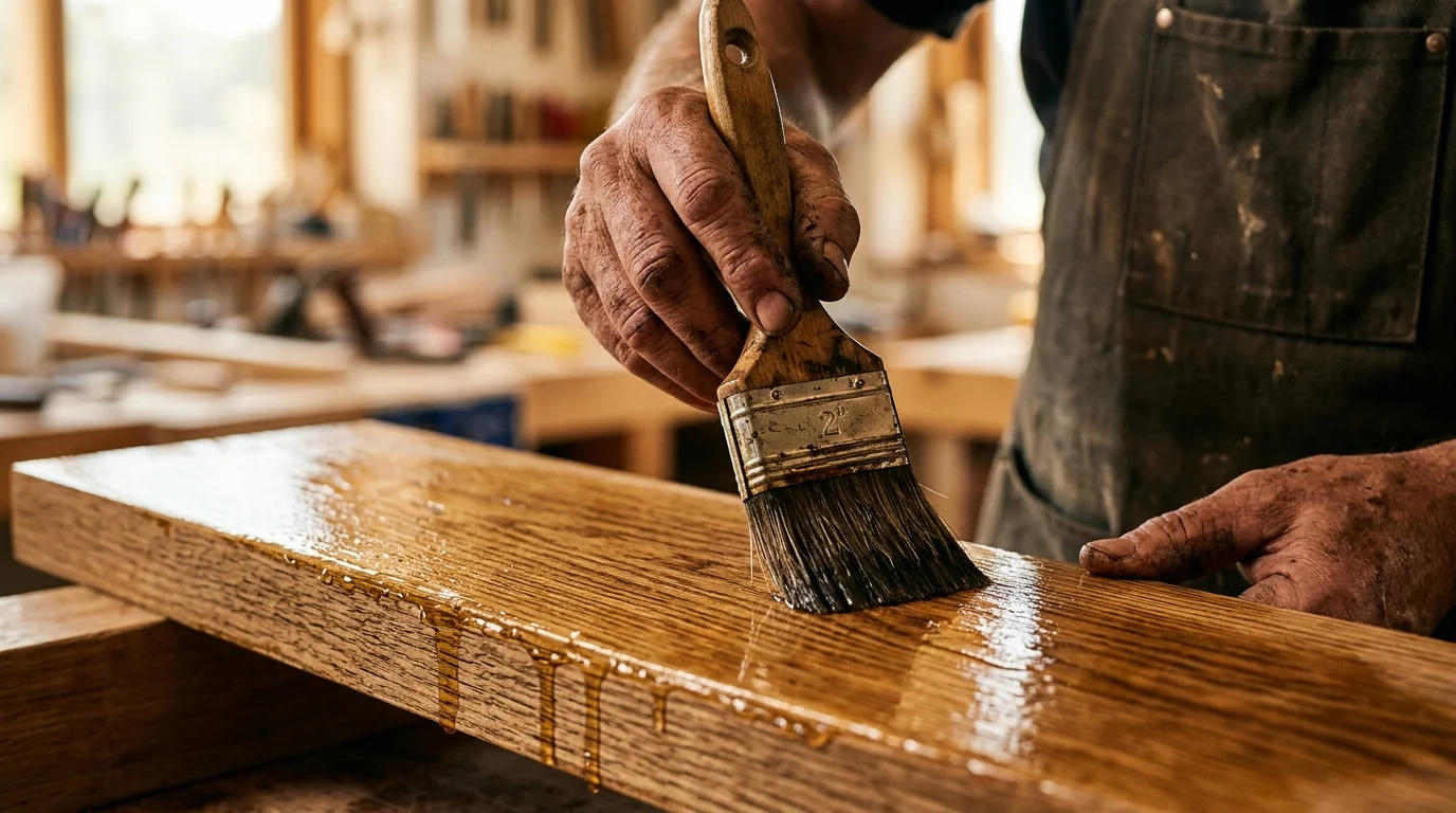 Artesão aplicando verniz náutico em madeira de exterior