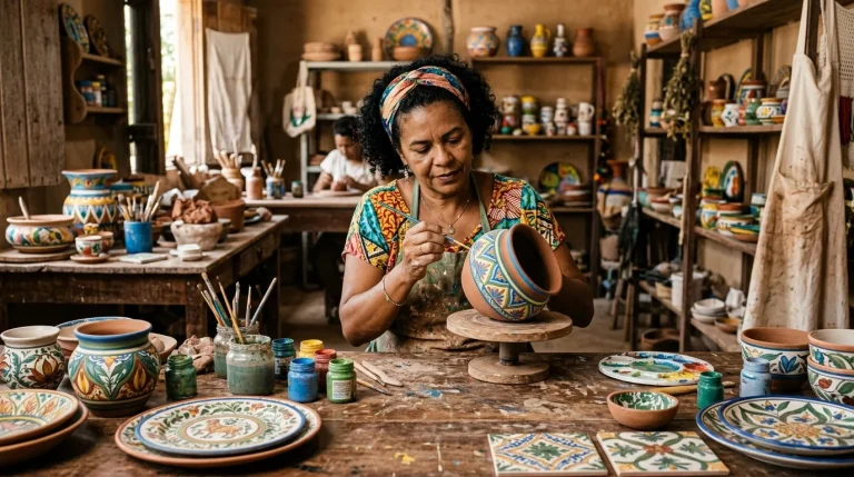 Artesã pintando cerâmica à mão em ateliê brasileiro
