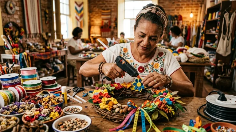 Artesã usando pistola de cola quente em projeto decorativo