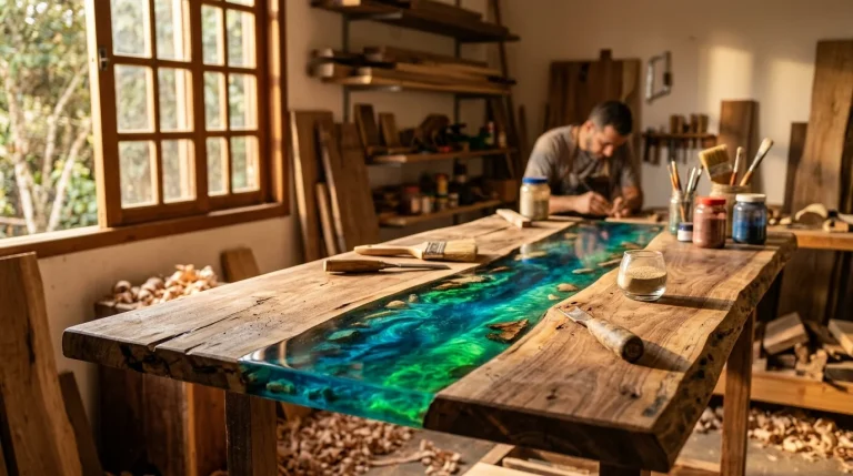 Mesa de madeira com efeito river table em resina epóxi azul e verde