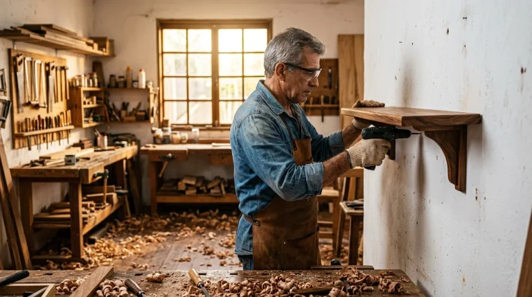 Prateleiras em Madeira e MDF — artesão instalando prateleira de madeira