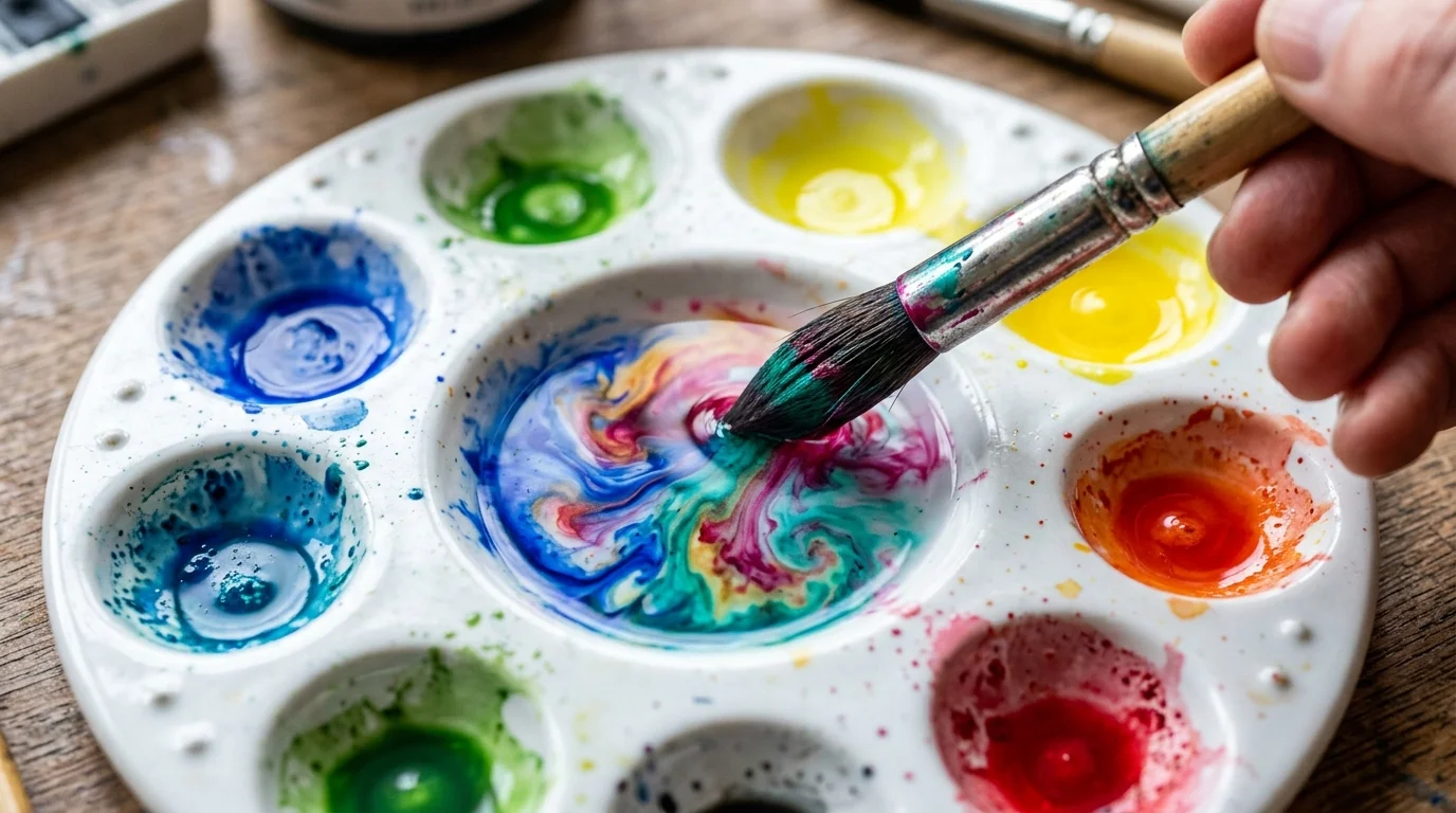 Pigmentos de aquarela se dissolvendo na água da paleta artesanal