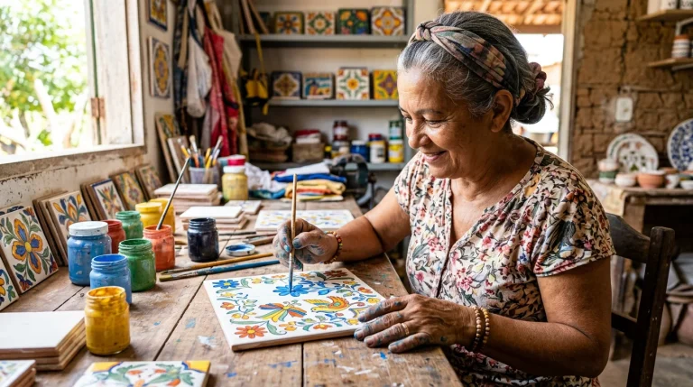 Artesã pintando azulejo com motivos florais coloridos em estilo nordestino