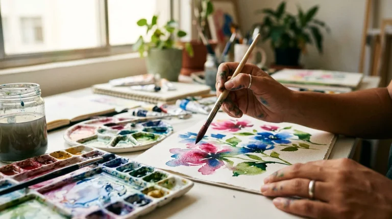 Pintura manual em aquarela com pincéis e paleta colorida