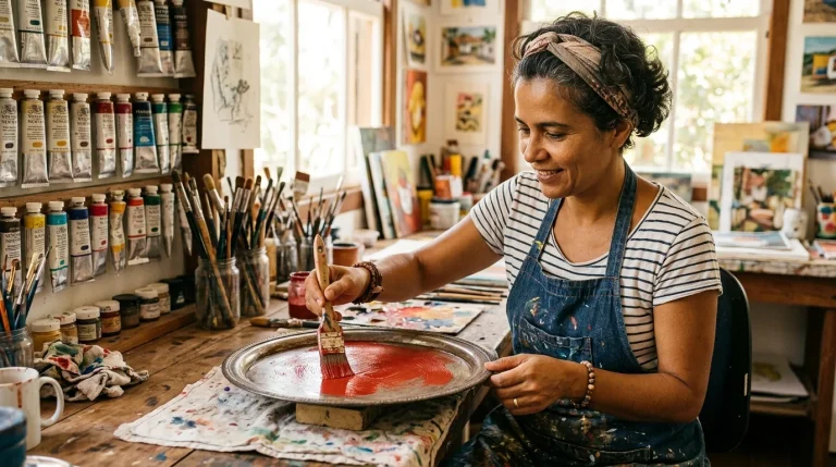 Artesã brasileira aplicando primer vermelho em bandeja metálica vintage