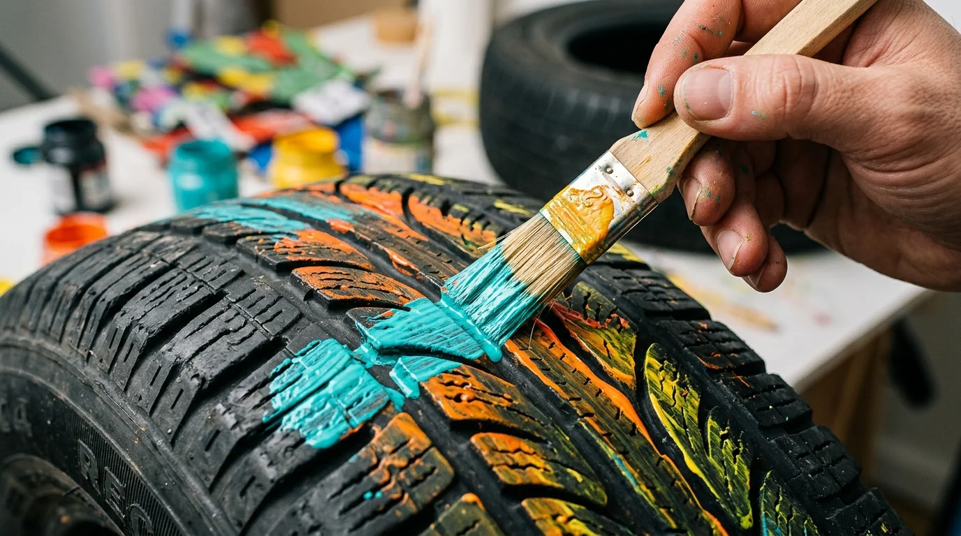 Detalhe de pneu de borracha sendo pintado colorido para artesanato