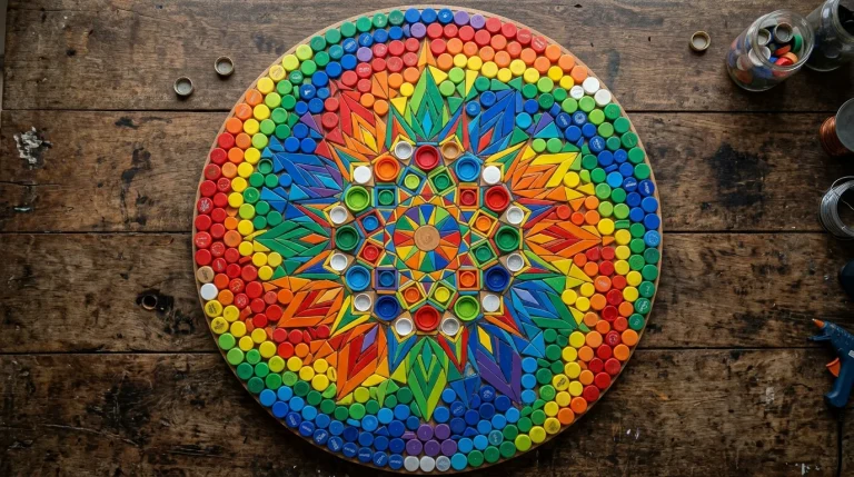 Mosaico colorido feito com tampinhas plásticas em padrões geométricos