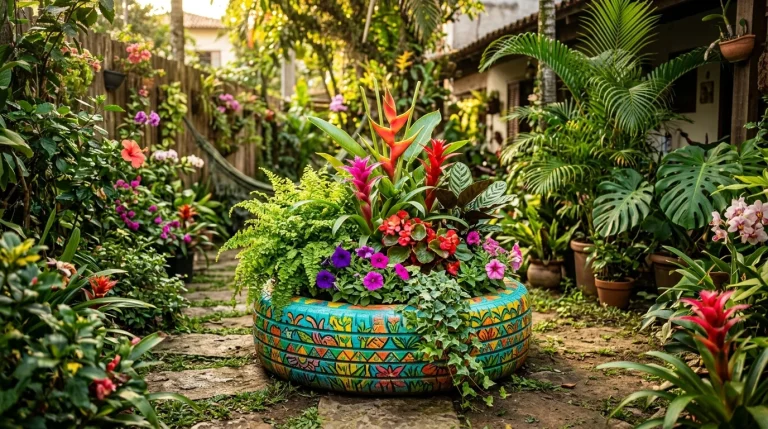 Pneu velho reciclado como vaso de jardim colorido com plantas tropicais