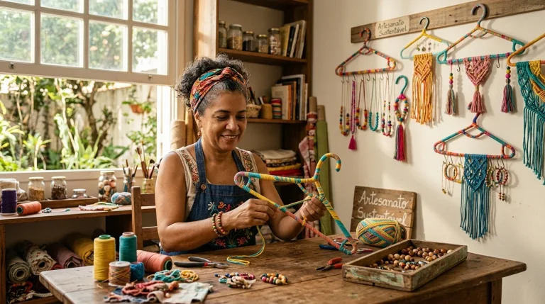 Artesã transformando cabides plásticos em organizador de joias de parede