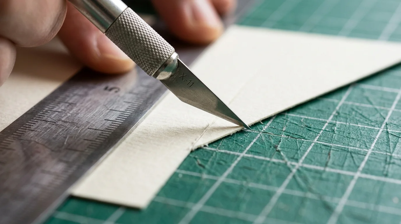 Estilete cortando papel sobre base de corte com régua metálica
