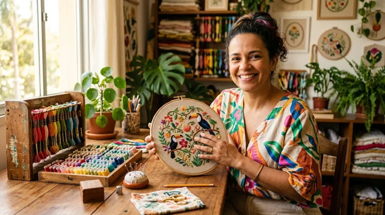Artesã de bordado em estúdio iluminado segurando bastidor com linho colorido