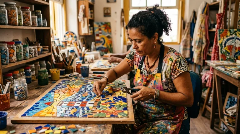 Mosaico artesanal com fragmentos de azulejo colorido em padrão mediterrâneo