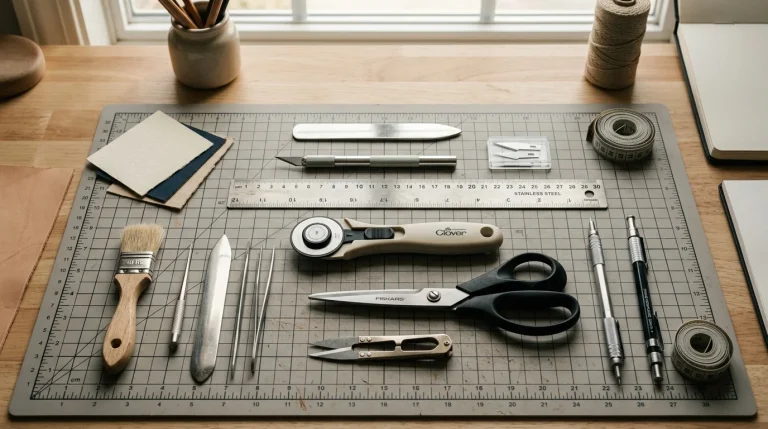 Ferramentas e materiais de corte para artesanato organizados sobre mesa