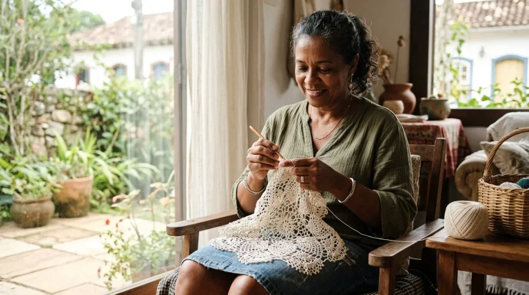 Artesã brasileira crocheteando renda delicada com fio de algodão fino