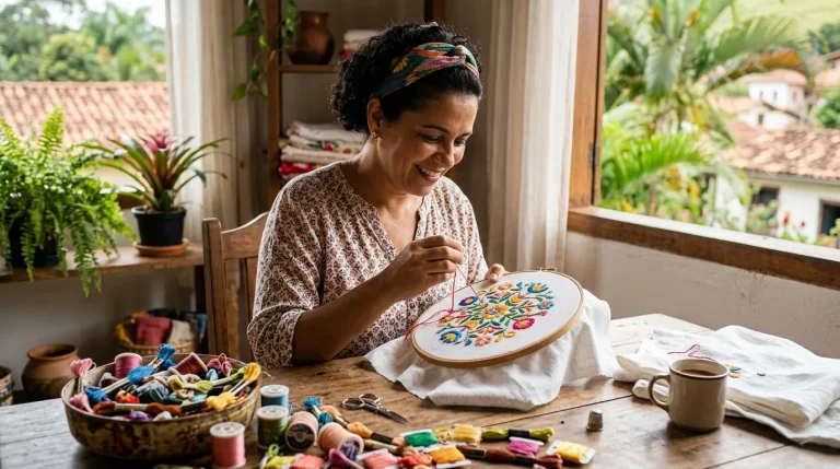 Mulher bordando livremente com fios coloridos em bastidor artesanal
