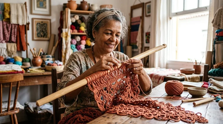 Artesa trabalhando croche de grampo com agulha e pino de madeira