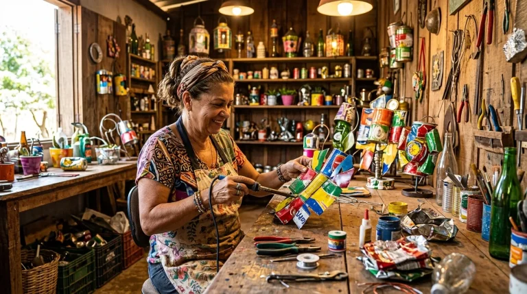 Ateliê de reciclagem criativa com latas e garrafas sendo transformadas