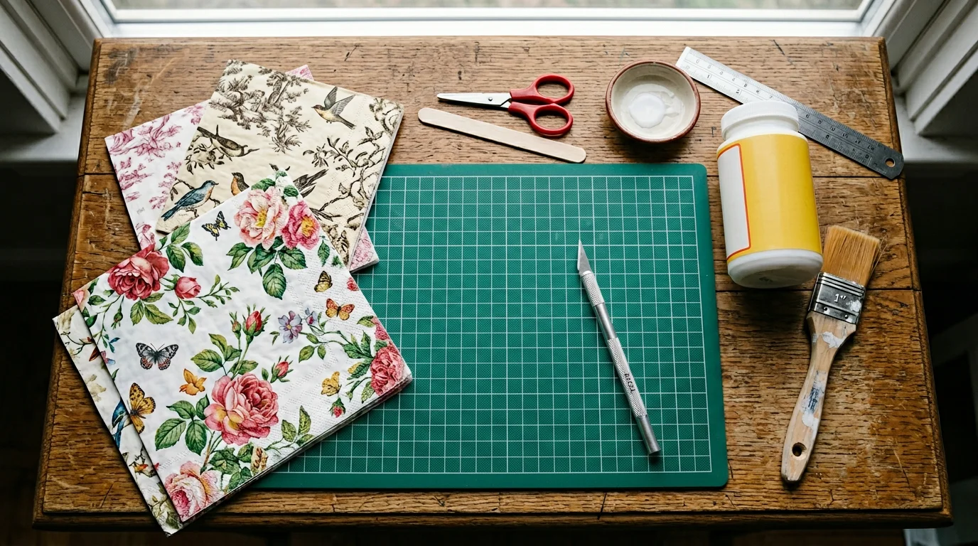 Flat lay de ferramentas para decoupagem: pincel plano, estilete, tapete de corte e guardanapos decorativos