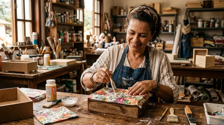 Ferramentas e Materiais para decoupagem: artesã aplicando guardanapo decorativo em caixa de MDF