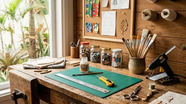 Ferramentas e materiais de artesanato organizados em bancada de trabalho