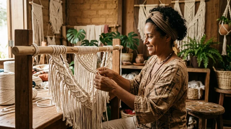 Fios e Agulhas para macramê: artesã brasileira fazendo nós em cordão de algodão natural