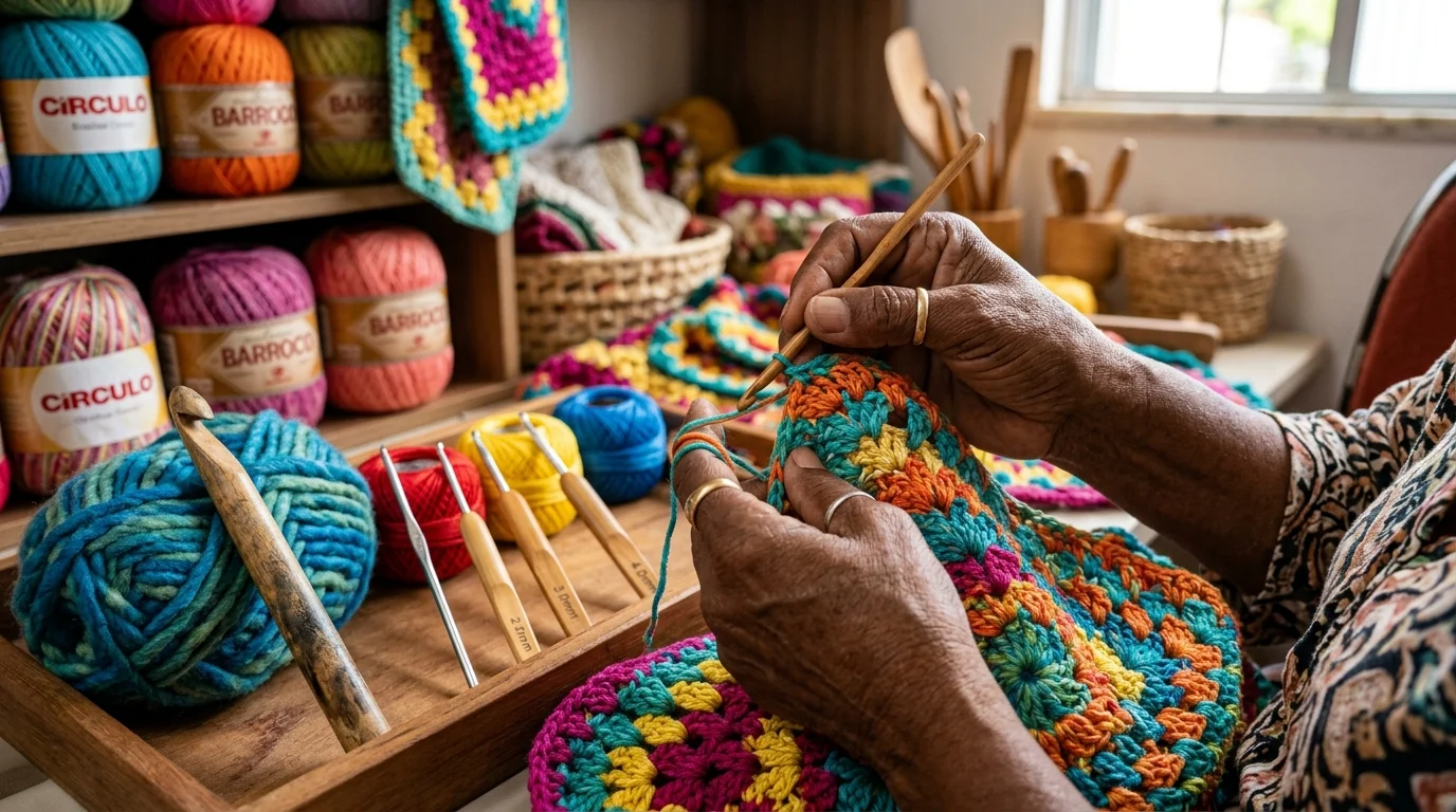 Mãos em detalhe criando pontos de crochê com linha de diferentes espessuras
