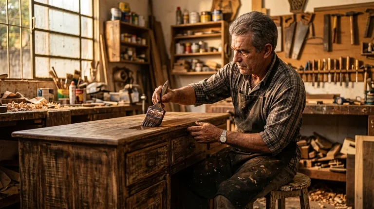 Artesão aplicando acabamento envelhecido em peça de Madeira e MDF
