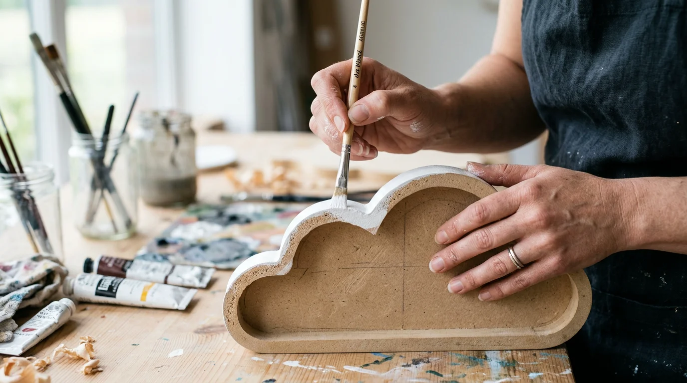 Mãos de artesã aplicando tinta branca em prateleira de MDF no formato de nuvem