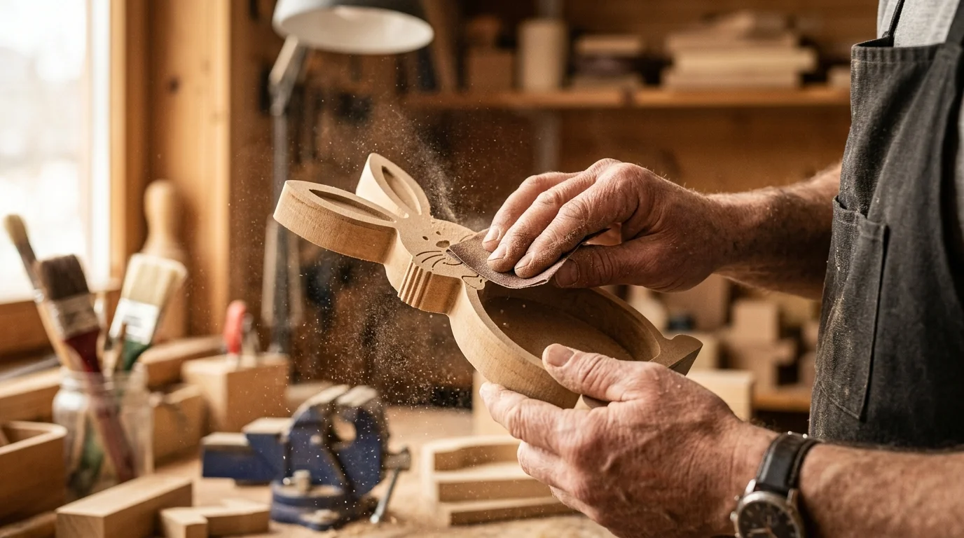 Maos de artesao lixando nicho de coelho em MDF com ferramentas de marcenaria