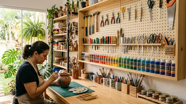 Ateliê de artesanato organizado com ferramentas e materiais no lugar certo