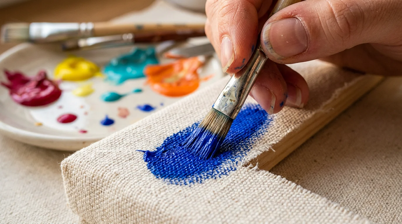 Detalhe de pincel aplicando tinta em tecido com textura de fibra visivel