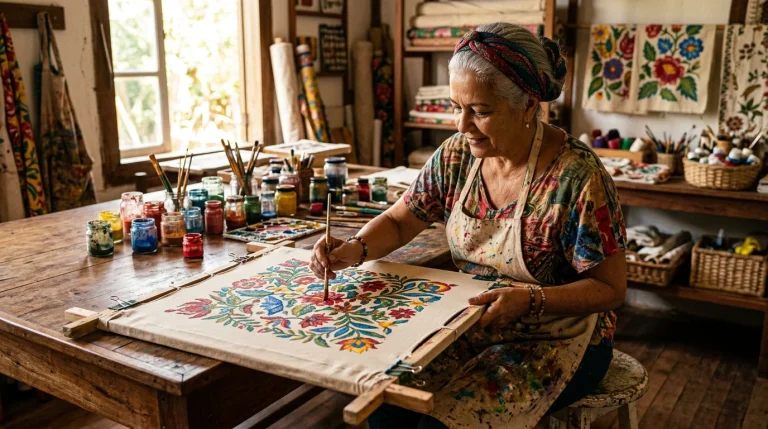 Artesa pintando tecido de algodao com tintas coloridas em estudio