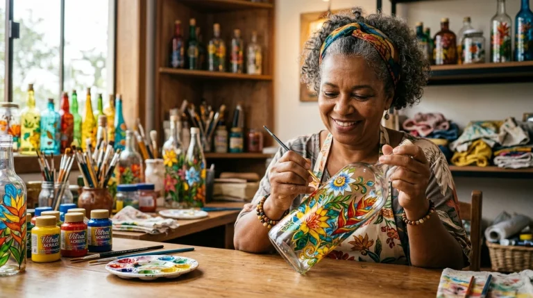 Pintura Manual em vidro: artesã brasileira pintando garrafa com tinta vitral colorida
