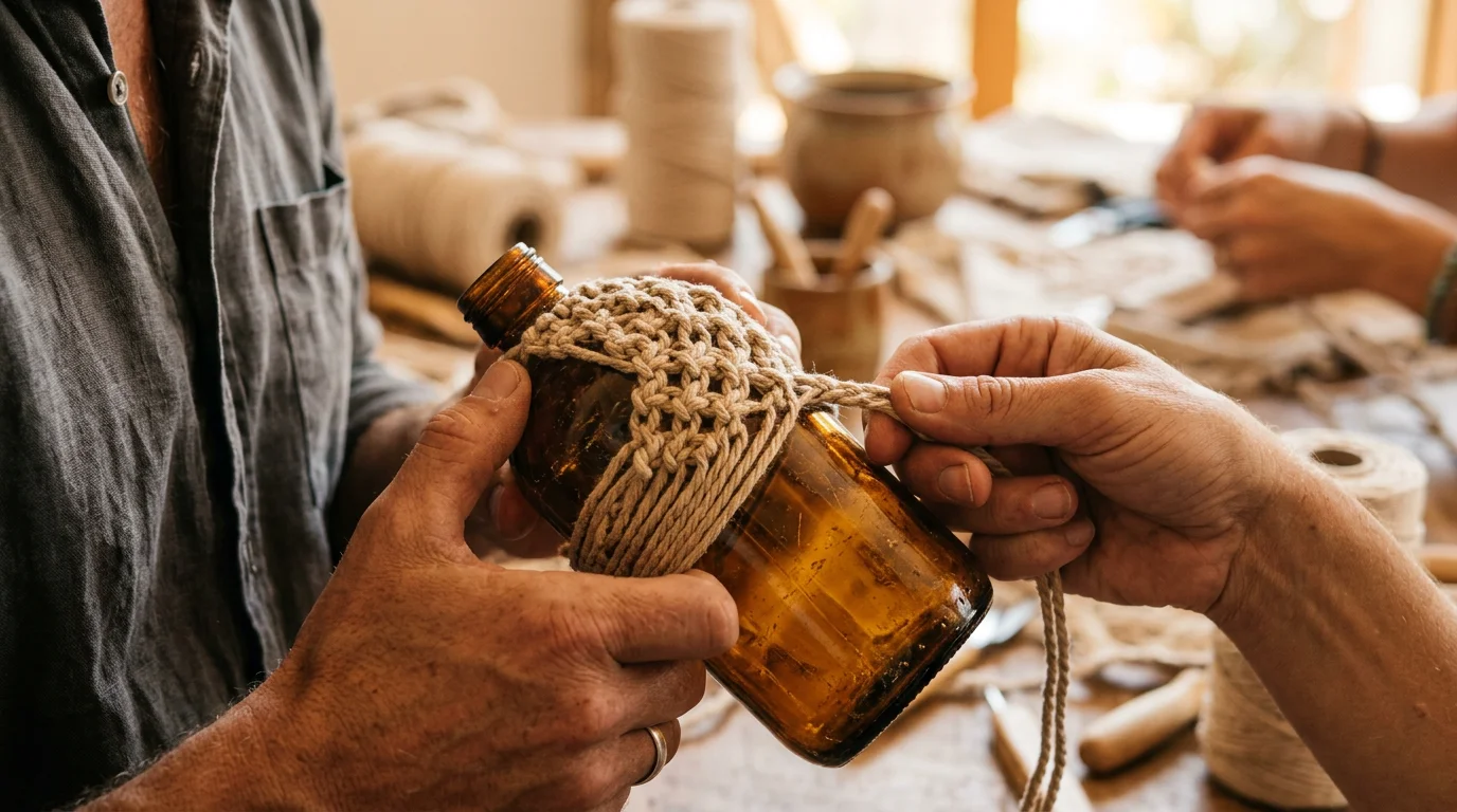 Maos envolvendo garrafa de vidro reciclada com corda de macrame