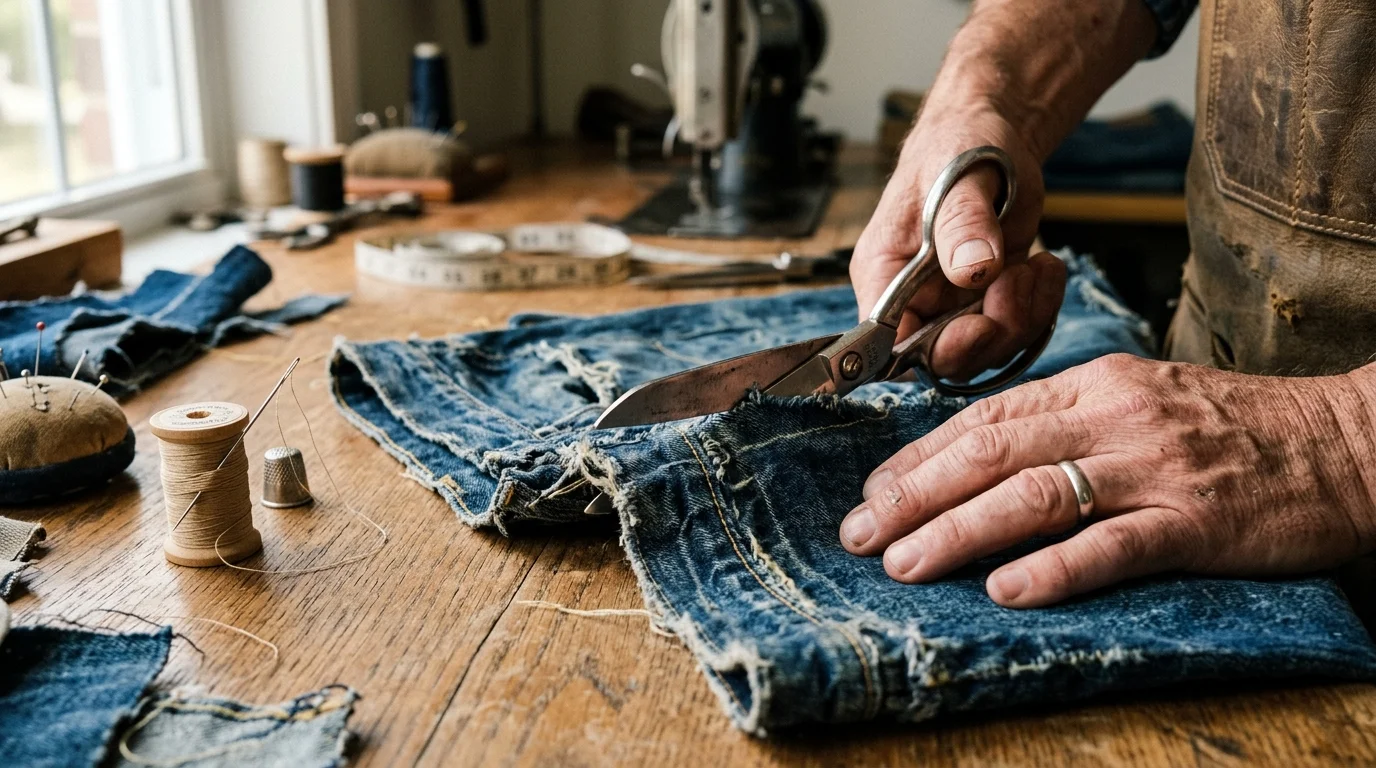 Detalhe de mãos cortando tecido jeans reciclado para artesanato