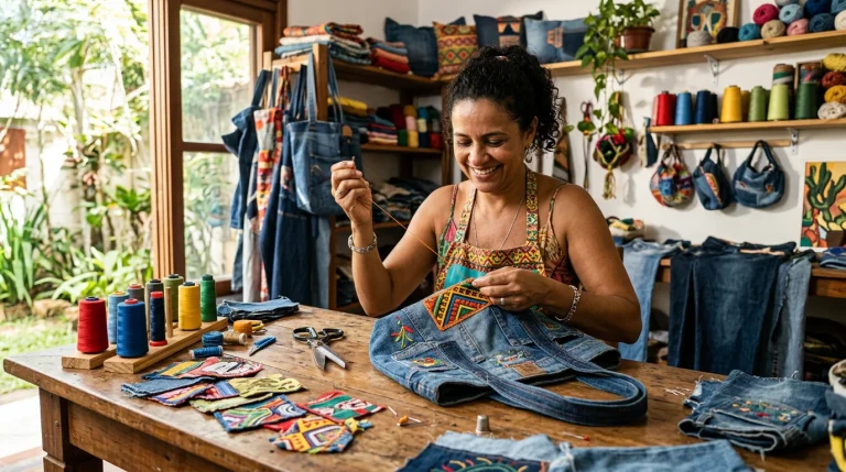 Artesã transformando jeans velho em bolsa artesanal sustentável