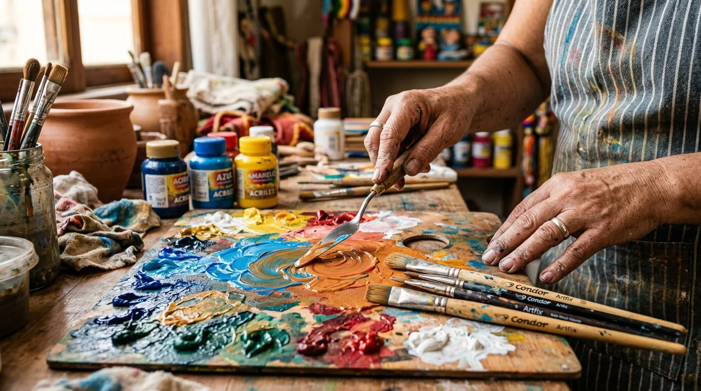 Mãos de artesã misturando cores de tinta acrílica na paleta