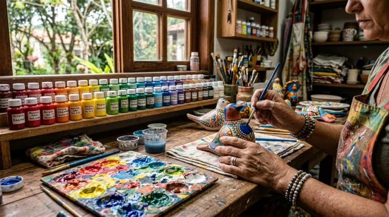 Ateliê de Pintura Manual com tintas acrílicas organizadas por cor